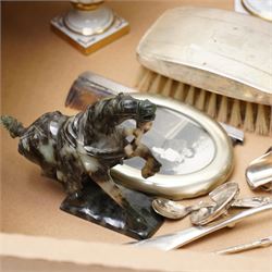 Silver backed hairbrush and comb, plated spirit kettle, other plated items, two Portuguese vases etc
