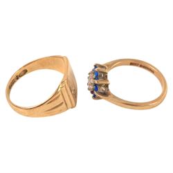 Two 9ct gold rings, including diamond set signet ring and a paste flower ring, both hallmarked