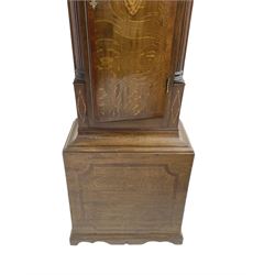 Charles Fletcher of Barnsley - Oak and Mahogany 8-day longcase clock, c 1830, with a swans neck pediment, silk backed open fret work beneath and a break arch hood door, flanked by reeded pilasters with wooden capitals, trunk with reeded quarter columns and a break arch topped door, plinth with inlaid banding on a shaped base, painted dial with Arabic numerals, seconds and date dials, stamped brass hands and painted depictions of the four seasons to the spandrels, dial pinned via a false plate to a rack striking movement with a recoil anchor escapement, striking the hours on a cast bell. With weights and pendulum.