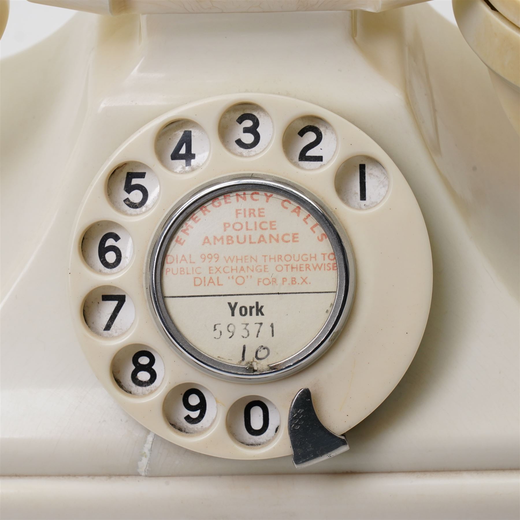 Cream Bakelite telephone, with York Emergency Calls panel, including stand H24cm 