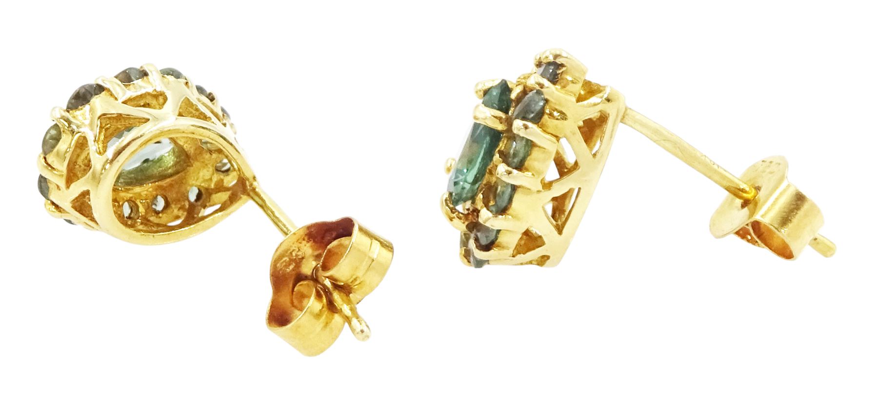 Pair of 18ct gold green alexandrite cluster earrings, each stud set with a pear cut and twelve round round cut alexandrite's, Birmingham 2006, total alexandrite weight approx 1.20 carat