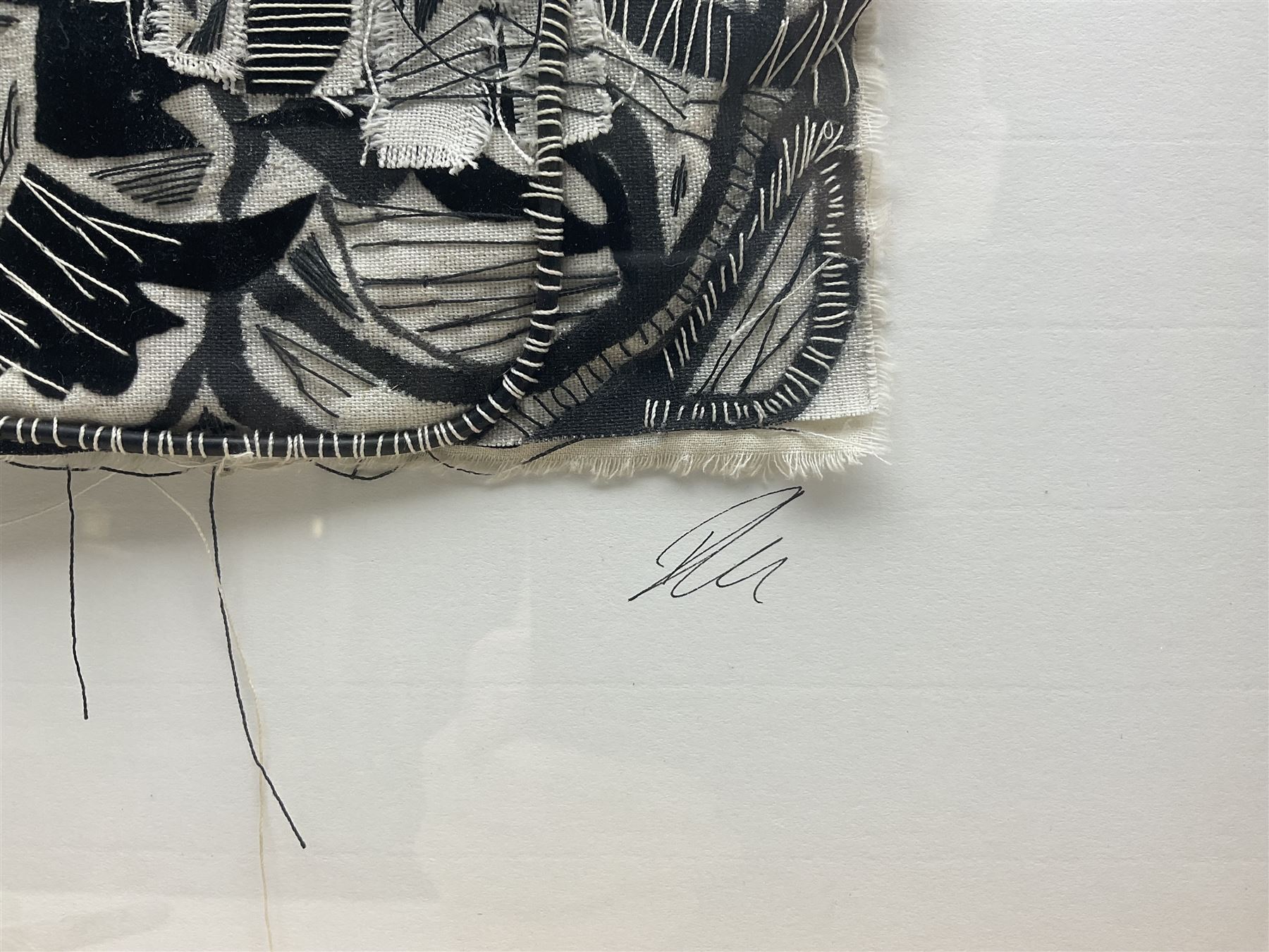 Ros Johnson (Yorkshire Contemporary): Abstract Lines, hand-stitched textile, signed to mount, textile approx. 37cm x 26cm 