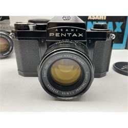 Asahi Pentax S1a camera body, serial no. 707071, with 'Super-Takumar 1:1.8/55' lens, serial no 2124044, together with Asahi Pentax Sv camera body, no. 1925617 with 'Super-Takumar 1:2/55' lens, serial no. 2770153, Asahi Pentax Meter, 'Super-Takumar 1:3.5/28' lens, serial no. 2075492 and 'Super-Takumar 1:4/150' lens, serial no. 1461613  