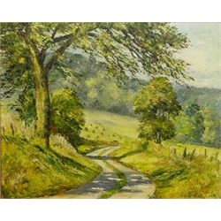  Ken Johnson (British 20th century): 'Country Lane Lowdales Nr Hackness', 'The Esk at Beckhole' and 'The Esk at Grisedale', three oils on board signed, titled verso max 45cm x 55cm (3)  