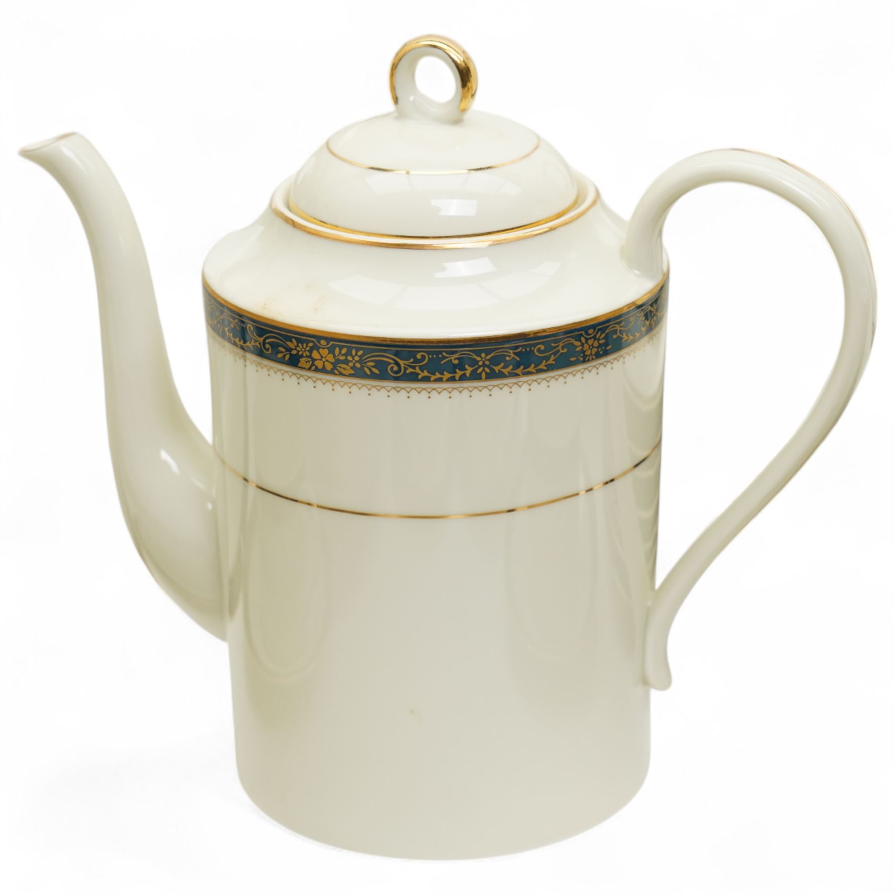 Japanese tea and dinner service retailed by Gazzaz, decorated with blue boarders and heightened with gilt foliate motifs, comprising eight teacups, eight saucers, coffee pot, sucrier, milk jug, eight cake plates, eight soup bowls, eight dinner plates etc