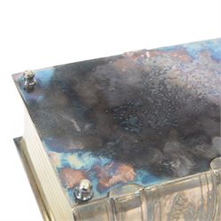 Late Victorian silver plated novelty biscuit box modelled as a presentation book, by Deykin & Sons, Birmingham, the spine engraved 'BISCUITS', the hinged cover with chased foliate decoration and mounted gilt bow secured by a gilt clasp with registration lozenge, opening to reveal a gilt interior with hinged scroll pierced grille, including bow H10.5cm W21.5cm D14.5cm