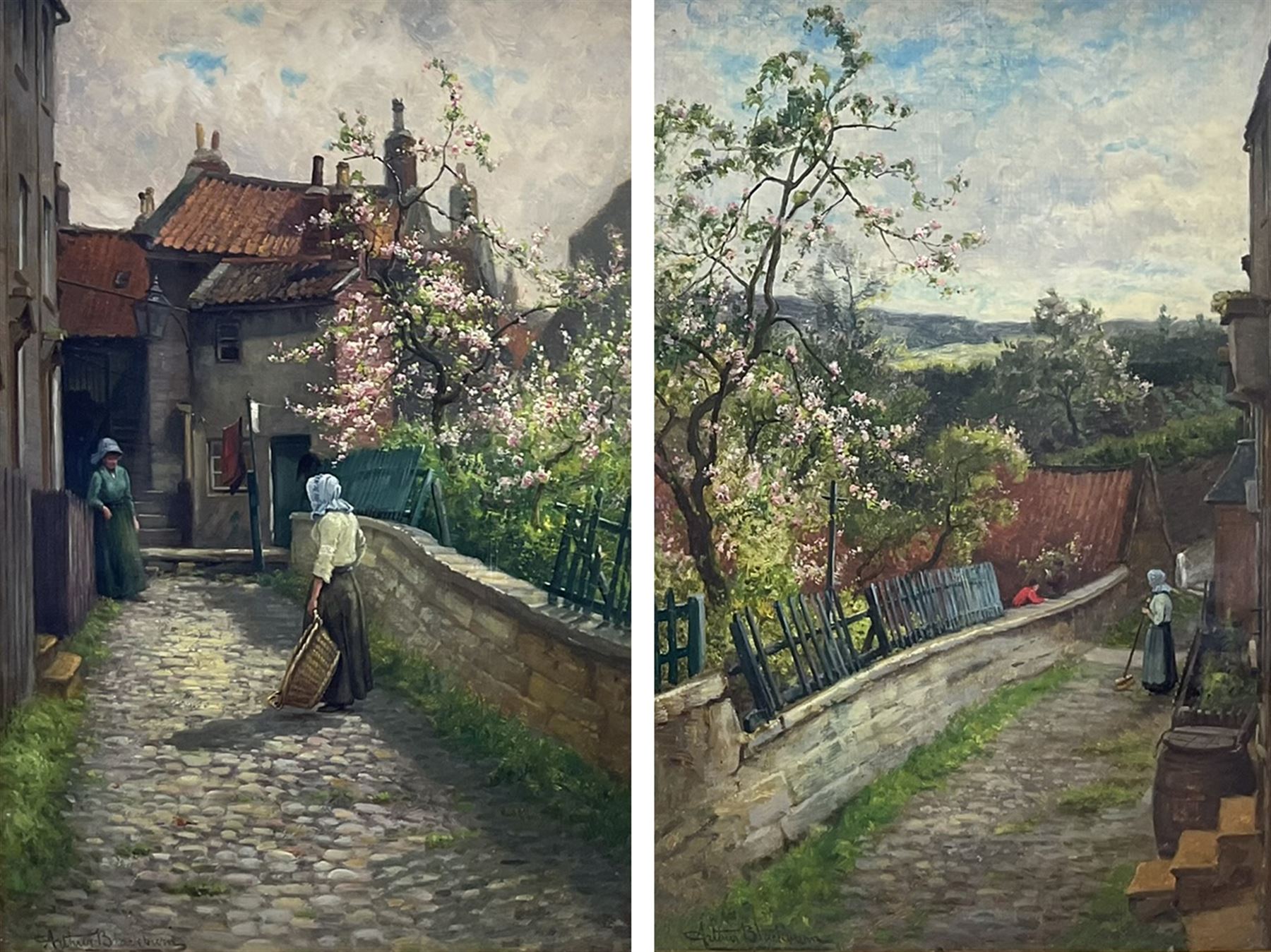 Arthur Blackburn (British 1853-1925): 'Bloomswell - Robin Hoods Bay', pair oils on board signed, titled on original frames 43cm x 28cm (2)