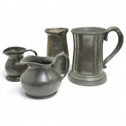 Collection of early 19th century and later British pewter, including a Palliser's of Wolverhampton 1/4 Gill measure and other measures, Skell & Chambers of Birmingham jug, etc
