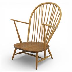 Ercol - Mid 20th century elm and beech Windsor armchair, the hooped spindle back over a shaped elm seat, with scroll front armrests on turned supports, raised on splayed tapering legs united by stretchers, lacking loose seat cushion