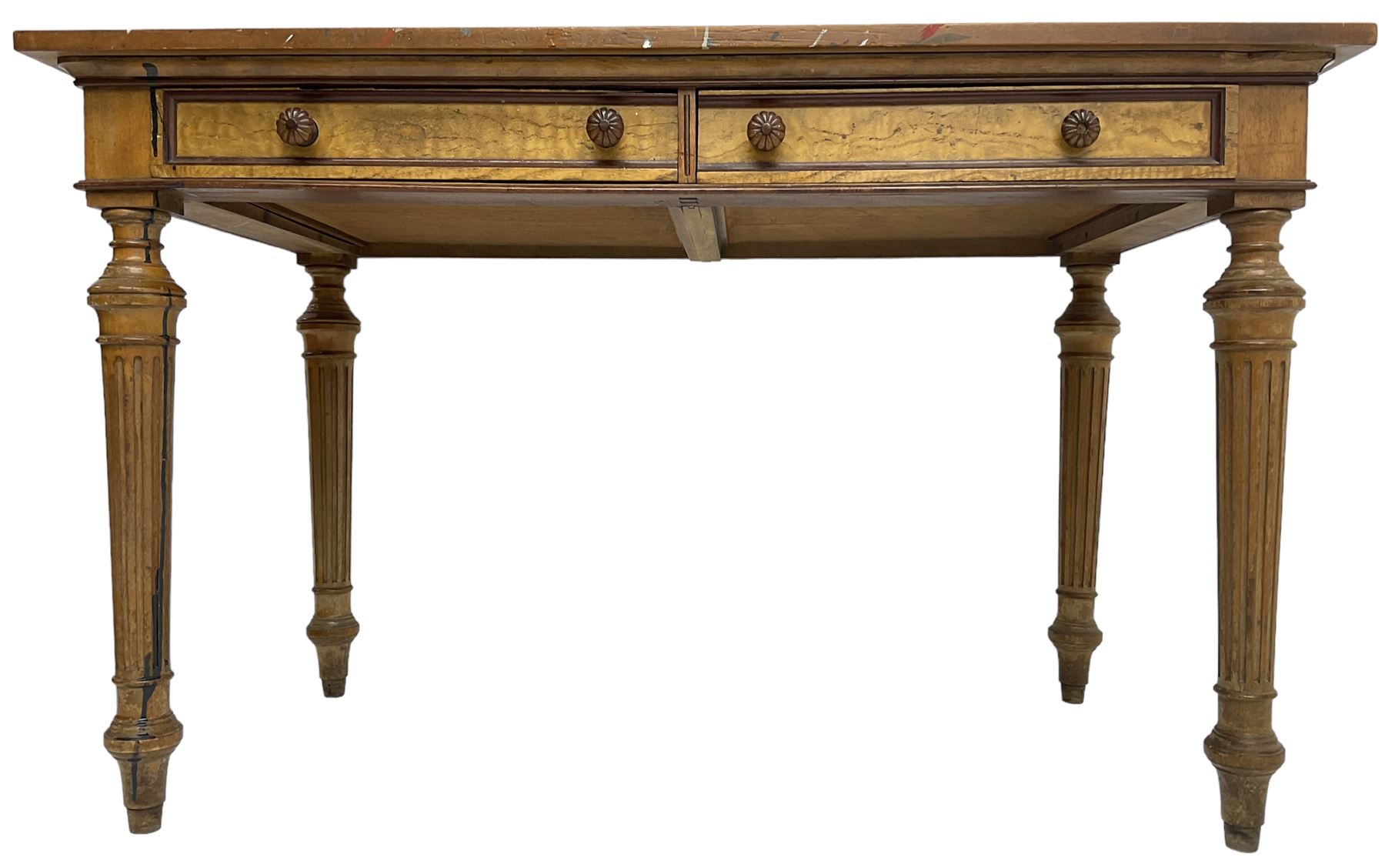 19th century walnut side table, rectangular top over two drawers with elm facias, lobe carved handles and moulded edge in mahogany, on turned and fluted supports 