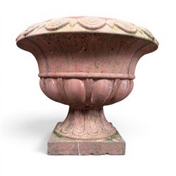 Pair of cast stone stone circular squat planters, egg and dart detail to rim, square base