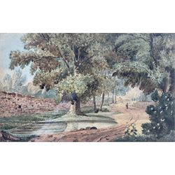 Attrib. Edward Dayes (British 1763-1804): 'An Essex Byway', watercolour titled and attributed on the mount 17cm x 27cm; After Georges Redon (French 1869-1943): 'Ne Buvez Jamais D'eau' - 'Never Drink Water', lithograph from the 'Naughty Children' series 44cm x 31cm; together with a Louis Wain print 12cm x 20cm (3)