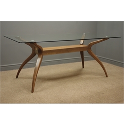  Jenson rectangular glass top dining table, shaped walnut supports joined by under tier, 180cm x 95cm, H75  