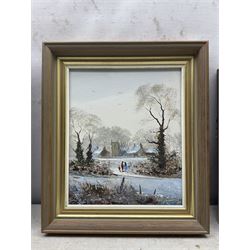 Donald Jennings (British 20th Century): 'Sunset' 'Winter' and 'The Cafe', set of three oils on canvas signed and dated '79-'80, titled verso 29cm x 24cm (3)