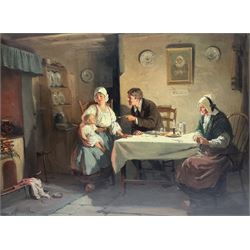 Alexander Rosell (British 1859-1922): Dinner Time in Dutch Home and News in the Kitchen, pair oils on canvas signed 55cm x 75cm (2)
