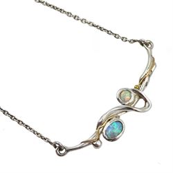 Silver and 14ct gold wire opal necklace, stamped 925