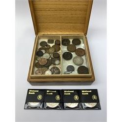 Coins including George I 1721 farthing, King George V 1921 shilling and 1926 half crown,   pre-decimal pennies, commemorative crowns etc, housed in a small wooden box