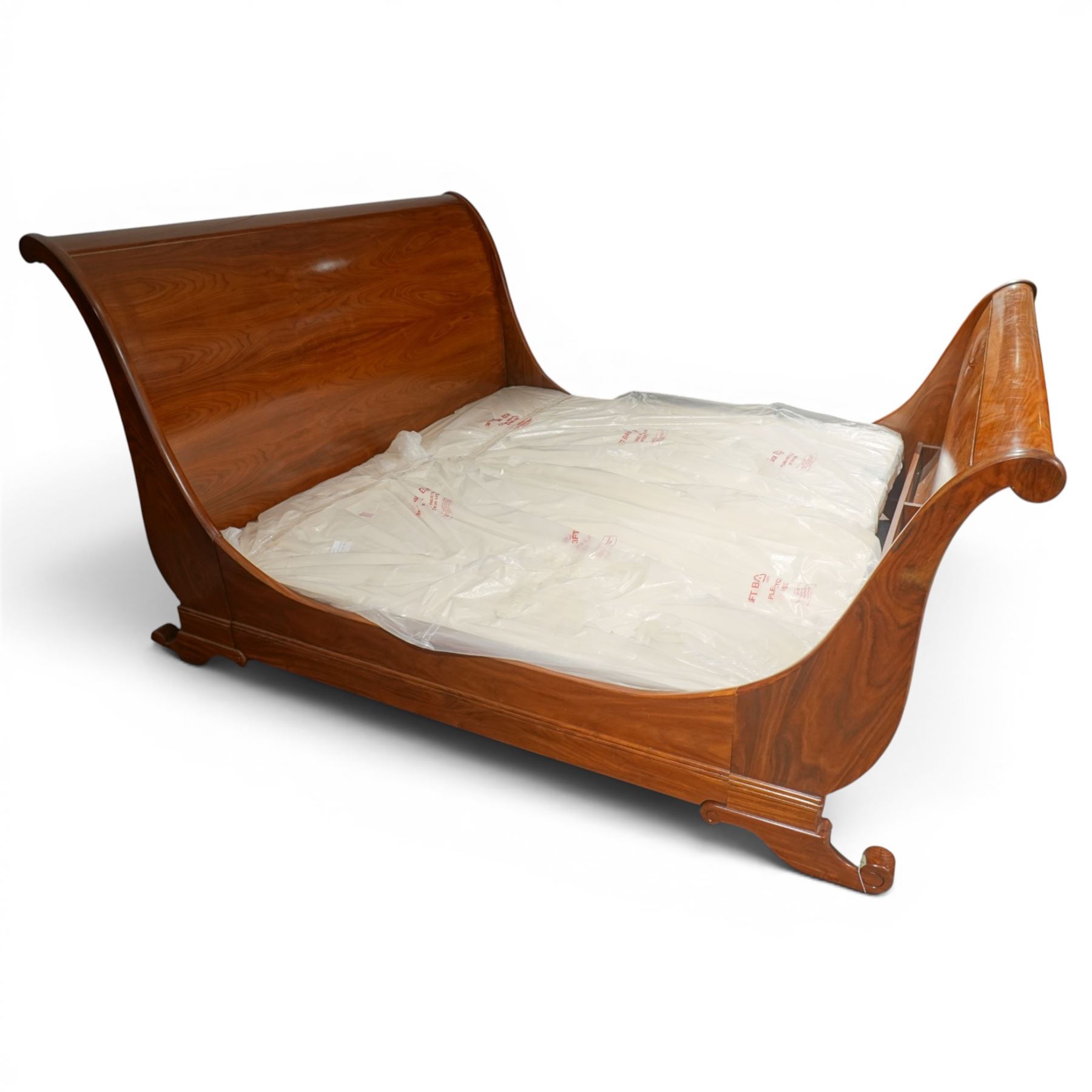 Simon Horn -  6' superking Santos rosewood sleigh bed with Vi Spring base, scrolled headboard and footboard, scrolled supports