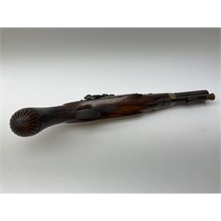 19th century flintlock converted to percussion cap target pistol, the 20.5cm barrel engraved with a sunburst motif to the top and ramrod under, foliate engraved lock-plate and trigger guard, silver plated fittings, walnut stock with chequered grip and melon fluted butt L35.5cm overall