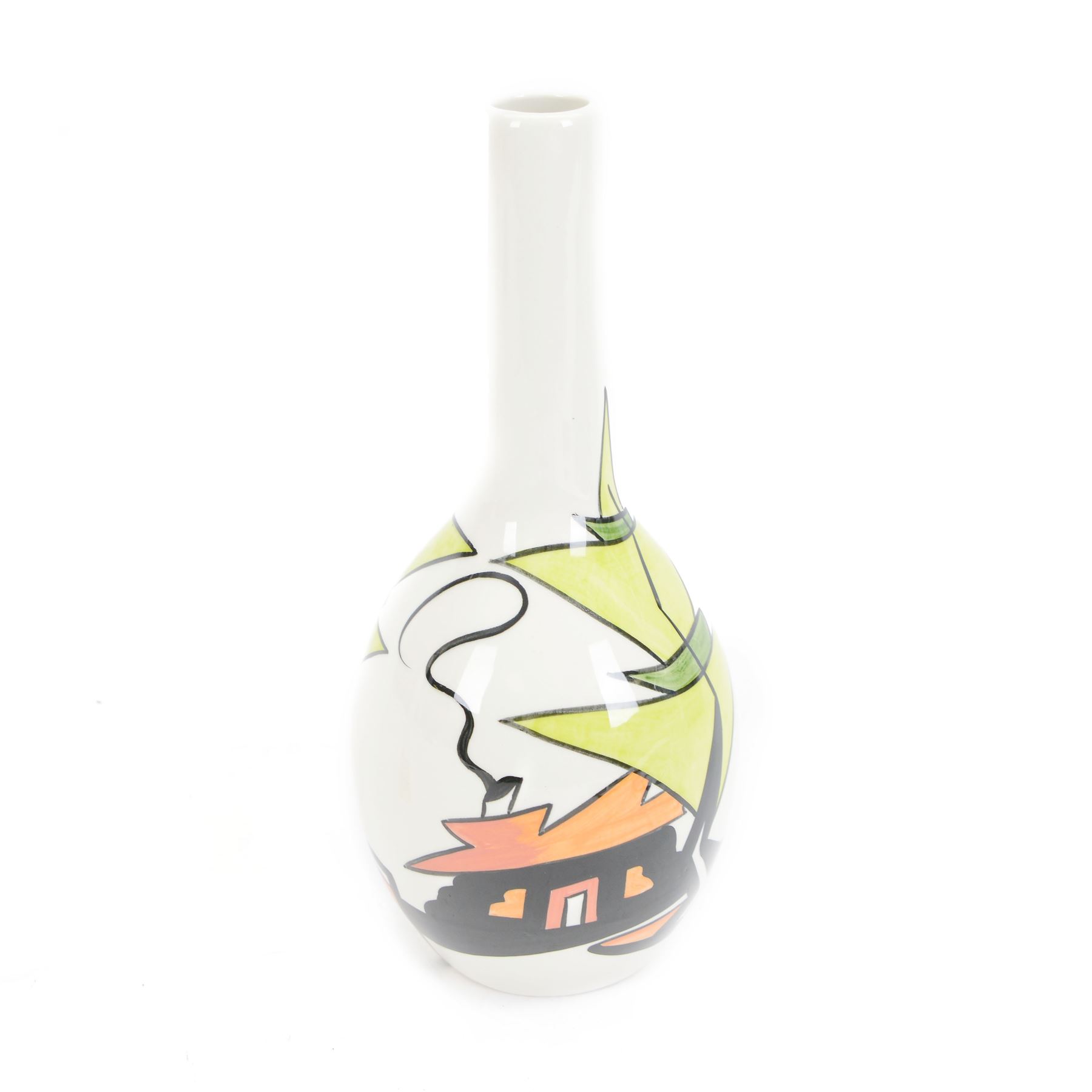Lorna Bailey for Old Ellgreave Pottery bottleneck vase, decorated in The Times pattern, with abstract house and tree on a white ground, signed beneath, H26cm