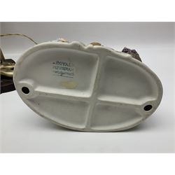 Art Deco style bronzed and gilded spelter figural table lamp with green Uranium glass shade; H48cm, another table lamp; and a bisque group