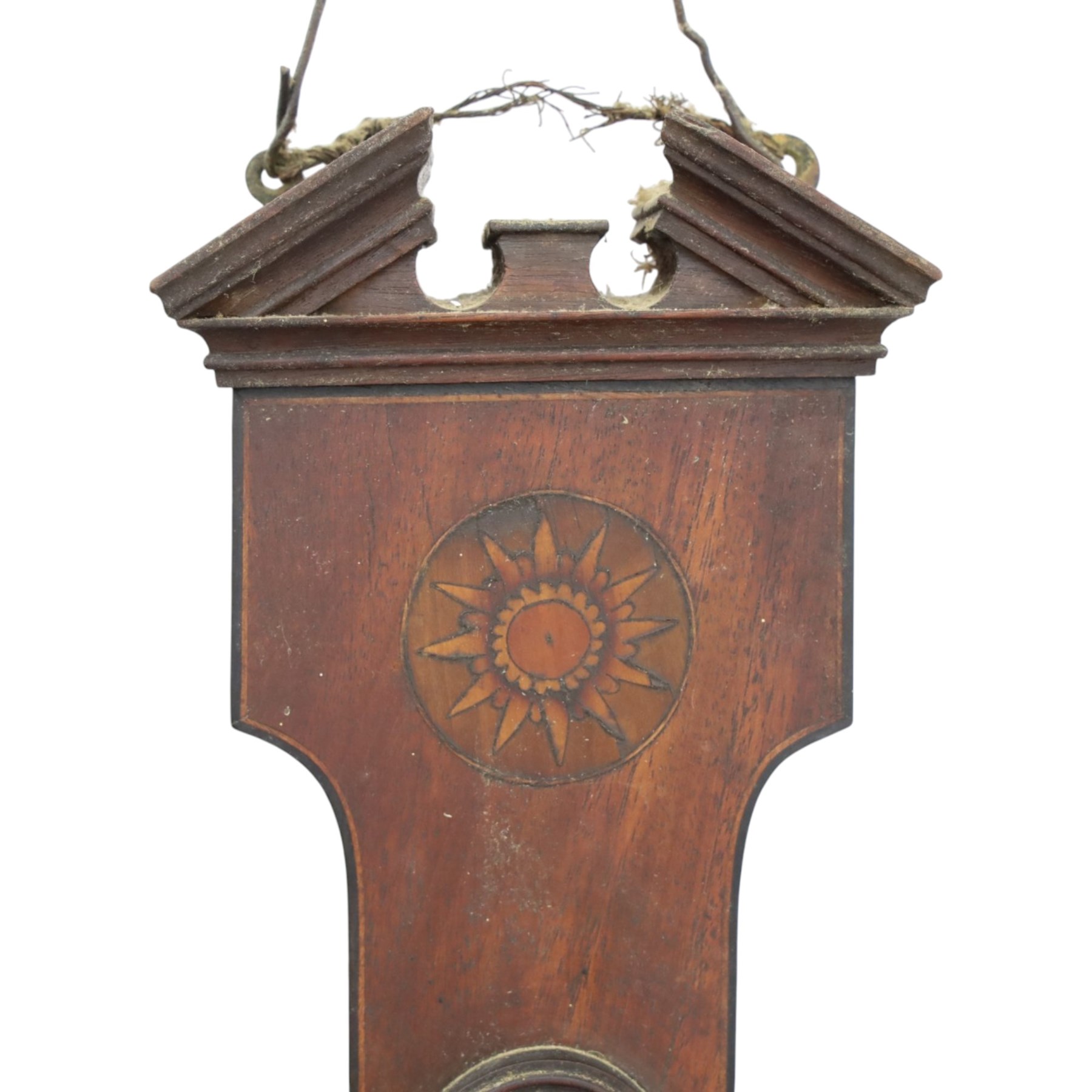 Three mahogany wheel barometers, each with silvered dial, thermometer and hygrometer, two with inlaid decoration, one with architectural pediment and one with swan-neck pediment 
