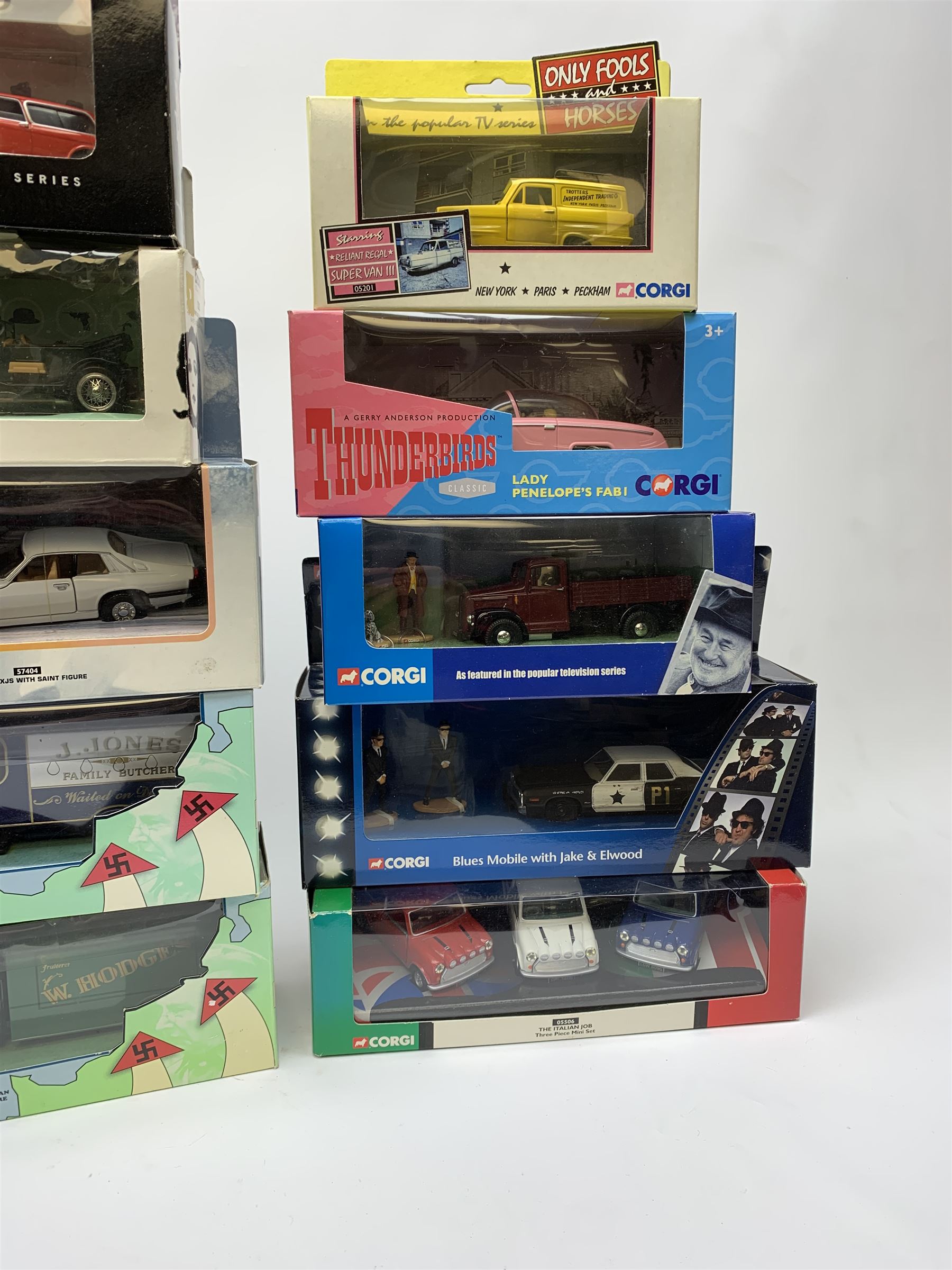 Eighteen Corgi die-cast models of TV & film interest including Dad's Army (2), Last of the Summer Wine (2), Heartbeat (2), Blues Brothers, Bullitt, Marilyn Monroe, Return of the Saint, Thunderbirds FAB1, The Avengers etc; all mint and boxed (18)