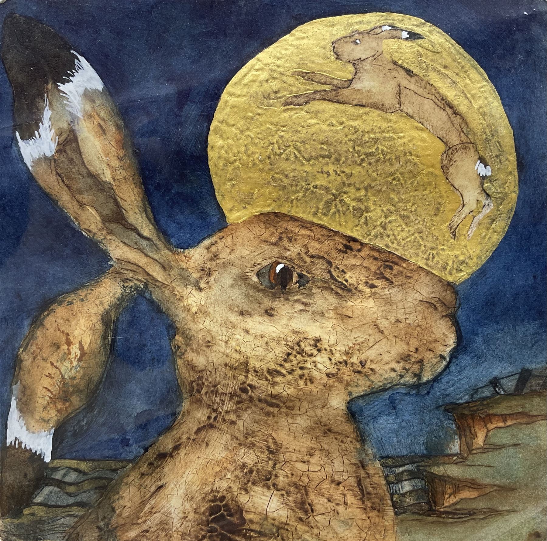 Mandy Walden (British Contemporary): 'Watching Lunar Hare', artist proof etching with hand colouring signed and titled in pencil 18cm x 18cm (unframed)