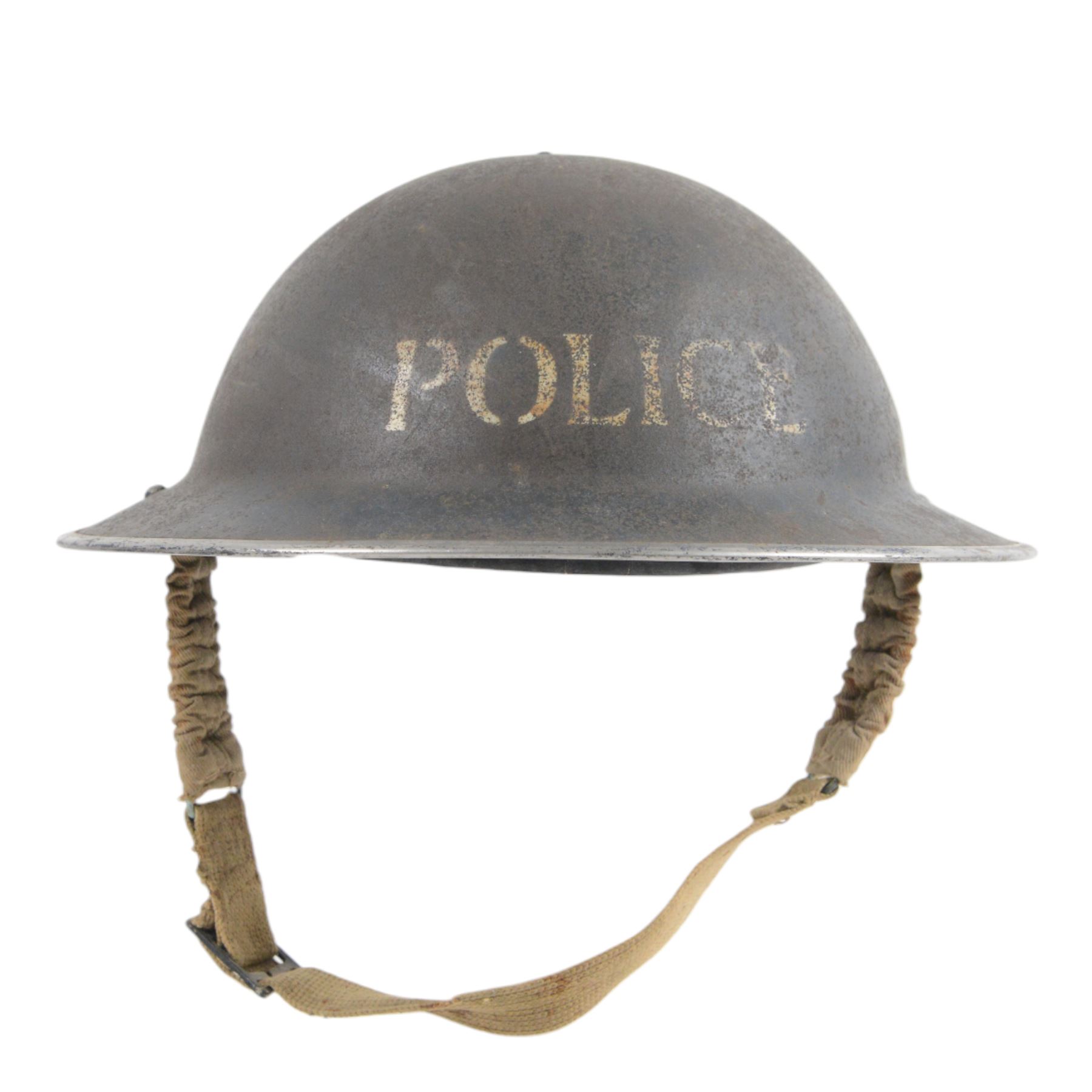 WWII MkII Police Brodie, the blue brodie with white stencil lettering to the front, with liner and strap