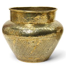  Islamic brass jardiniere  with all over engraving of figures, animals etc D31cm and a slightly smaller matching jardiliere D27cm 