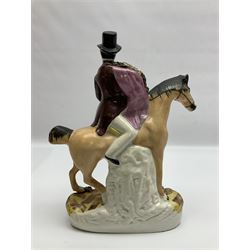 19th century Staffordshire figure of Robert Peel, titled 'Sir Robert Peel', modelled on horseback, atop an oval plinth base featuring a naturalistic and floral design, H30cm 