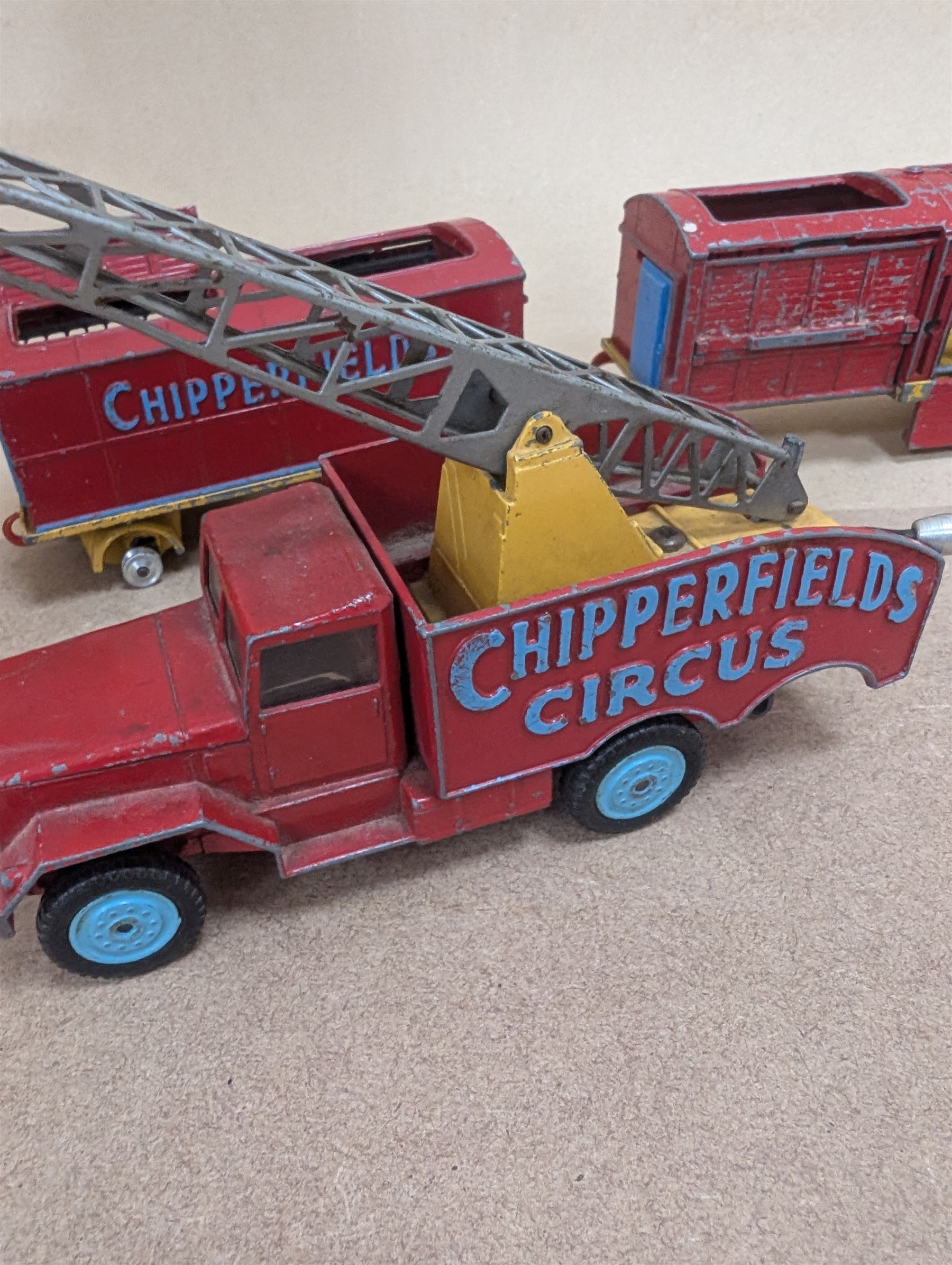 Corgi Major Toys diecast Chipperfields Circus vehicles and similar, comprising International 6x6 Truck, four Circus Animal Cages, Land Rover 109 WB, three Bedford Tractor Units and a Farm Trailer