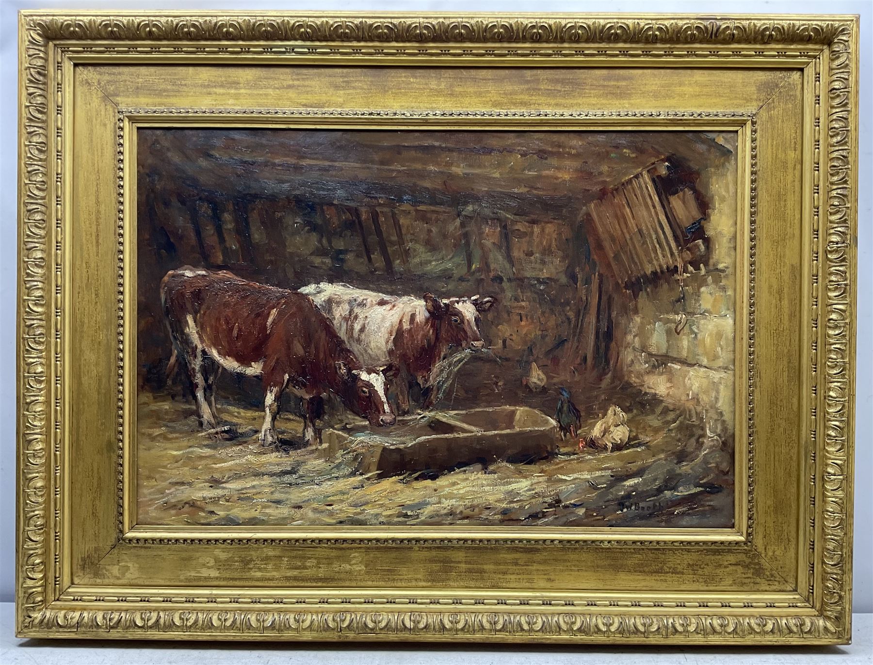 James William Booth (Staithes Group 1867-1953): Shorthorn Cattle and Hens in Stable setting, oil on canvas signed 60cm x 90cm
Provenance: same family ownership for over 25 years