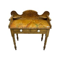 Victorian scumbled pine dressing table, rectangular top with shaped and scrolled gallery back, fitted with two drawers with ceramic knobs, on turned supports