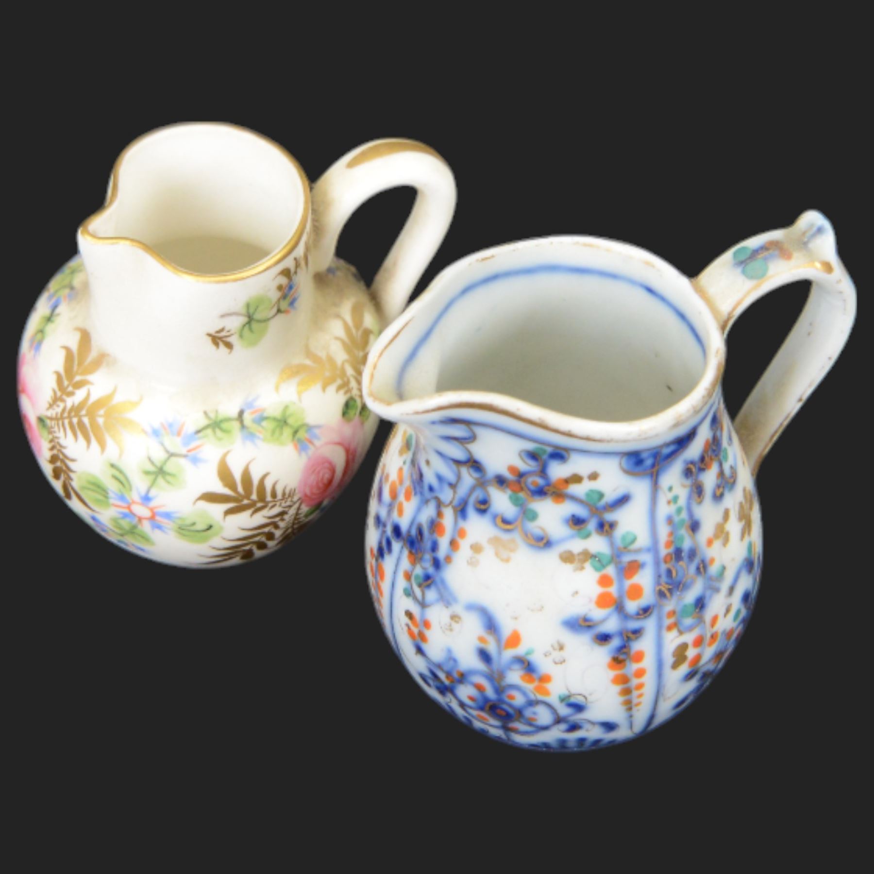 19th century and later ceramic jugs, including small Royal Crown Derby example, painted with florals and gilt leaves, Adams Jasperware Hull jug with town crest, floral KPM example and a Georgian example inscribed Joshua Longfield 1921, etc, tallest H12cm