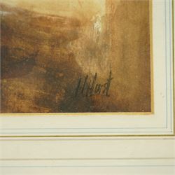 Circle of George Cattermole (British 1800-1868): The Lord's Entrance and Knights at Rest by Sarcophagus, two watercolours signed; (Henry William Lowe) Hurst (British 1865-1938): 'Old Cronies', watercolour signed max 27cm x 42cm (3)