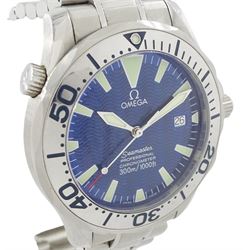 Omega Seamaster gentleman's stainless steel automatic wristwatch, Ref. 168 1640, Cal. 1120, serial No. 80529960, blue wave dial with date aperture and unidirectional rotating bezel, on original stainless steel strap with fold-over clasp, boxed with receipt