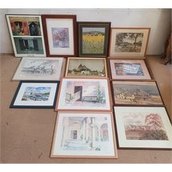 Three watercolours, a pencil drawing and assorted prints 