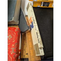 Platignum Elite fountain pen, boxed, other boxed pens, and a collection of drawing instruments and slide rules, including Rabone examples