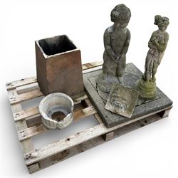 Small cast stone female figure with two fountains and other items