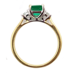  18ct white gold emerald cut emerald and trillion cut diamond three stone ring, hallmarked, emerald approx 0.8 carat  