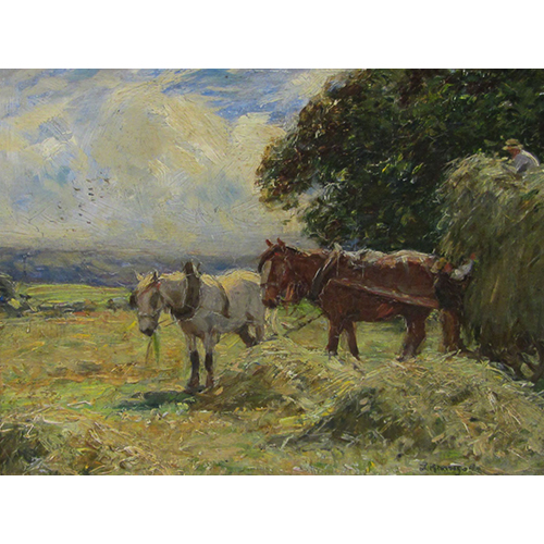  John Atkinson (Staithes Group 1863-1924): Horses in the Harvest Field, oil on canvas signed 20cm x 25cm   