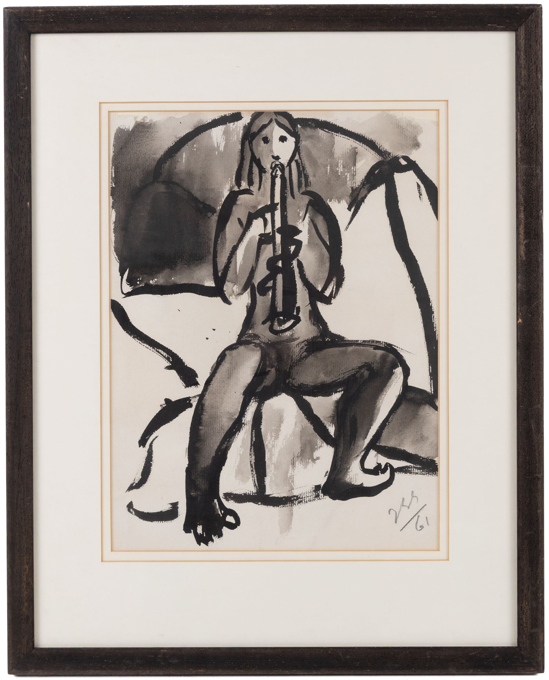 Jean-Georges Simon (Austria-Hungary 1894-1968): Nude Woman Playing Flute and Nude Study, two pen and ink drawings, one signed with initials and dated '61, 30cm x 22cm and 19cm x 13cm (2)