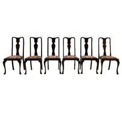 Mixed set of twelve early 20th century mahogany Queen Anne style dining chairs, all with shaped vase backs and cabriole front supports, matching drop-in seats upholstered in tartan patterned fabric