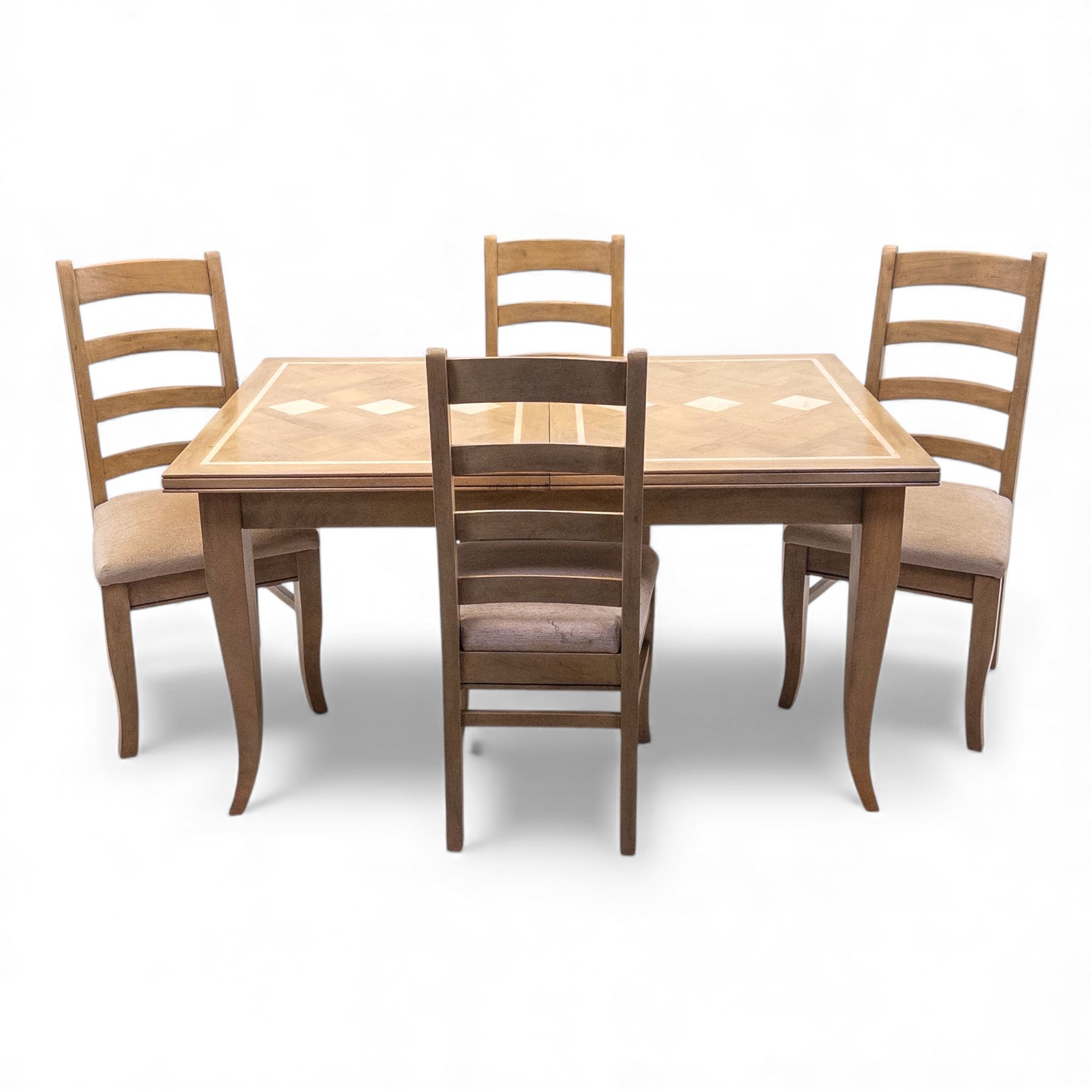 Barker and Stonehouse Flag Stone extending dining table and four matching chairs, the rectangular top with parquetry inlay and contrasting border, extending by central leaf, on slightly curved supports, the chairs with padded upholstered seats and ladder backs (Chairs H 108cm, W 50cm, D 54cm) (Extends to 195cm)