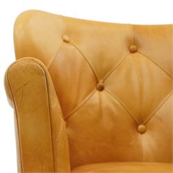 John Lewis - Pair of ochre leather tub chairs, downswept arms, button back and arms, raised on dark supports 