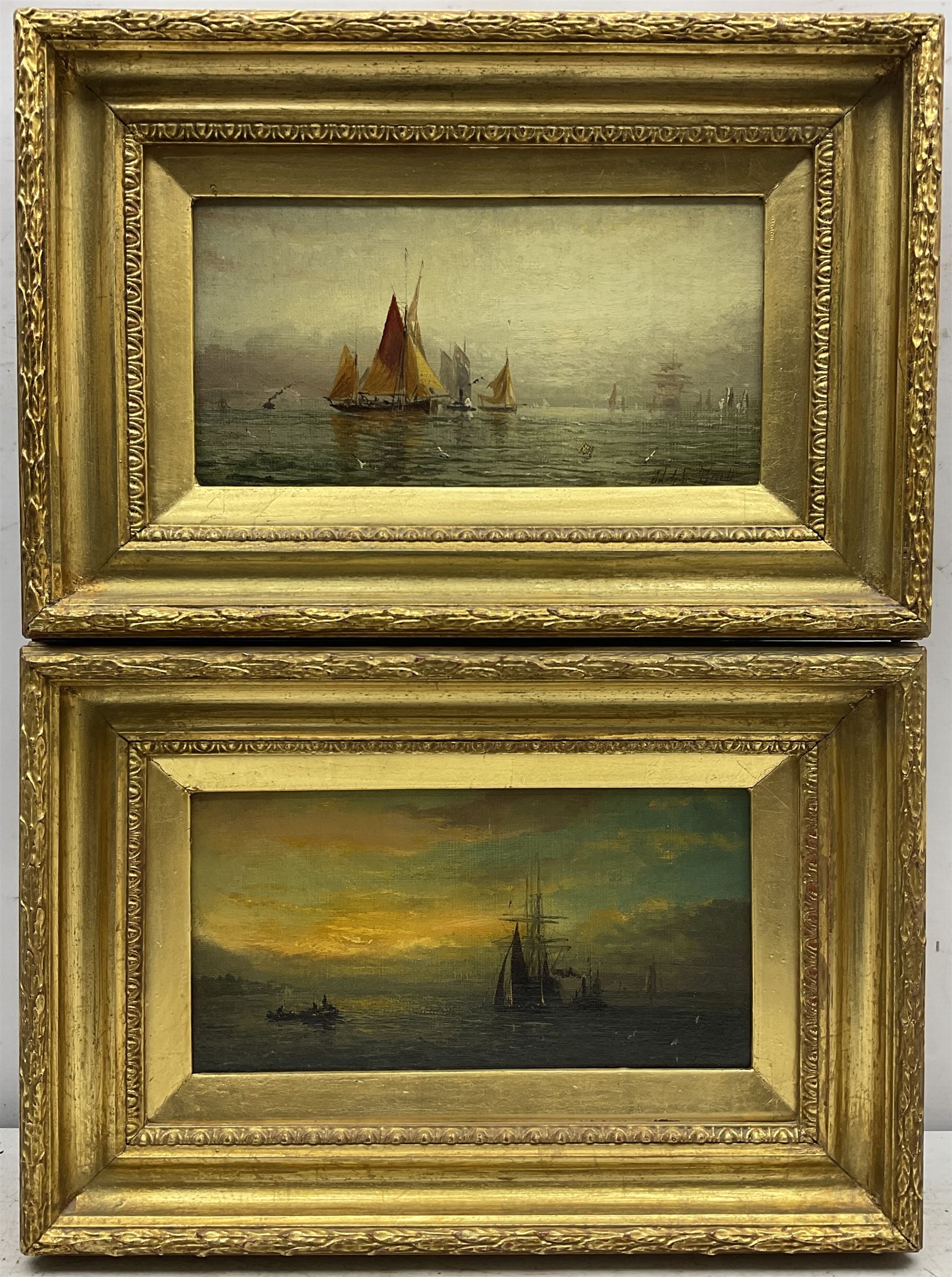 William Adolphus Knell (British 1801-1875): Shipping at Sunrise and Sunset, pair oils on canvas signed 13cm x 26cm (2)