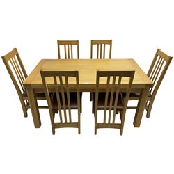Multi-York - light oak dining table, rectangular draw leaf extending top, on square supports; together with a set of six chairs high back dining chairs with brown leather upholstered seats 