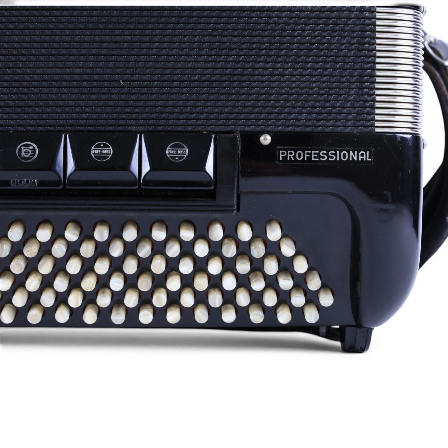 Borsini Professional 5-Row Chromatic button accordion, with 92 white pearlescent chromatic buttons and 136 bass buttons, possibly a custom model, in black high gloss case, with carry strap and original hard carrycase