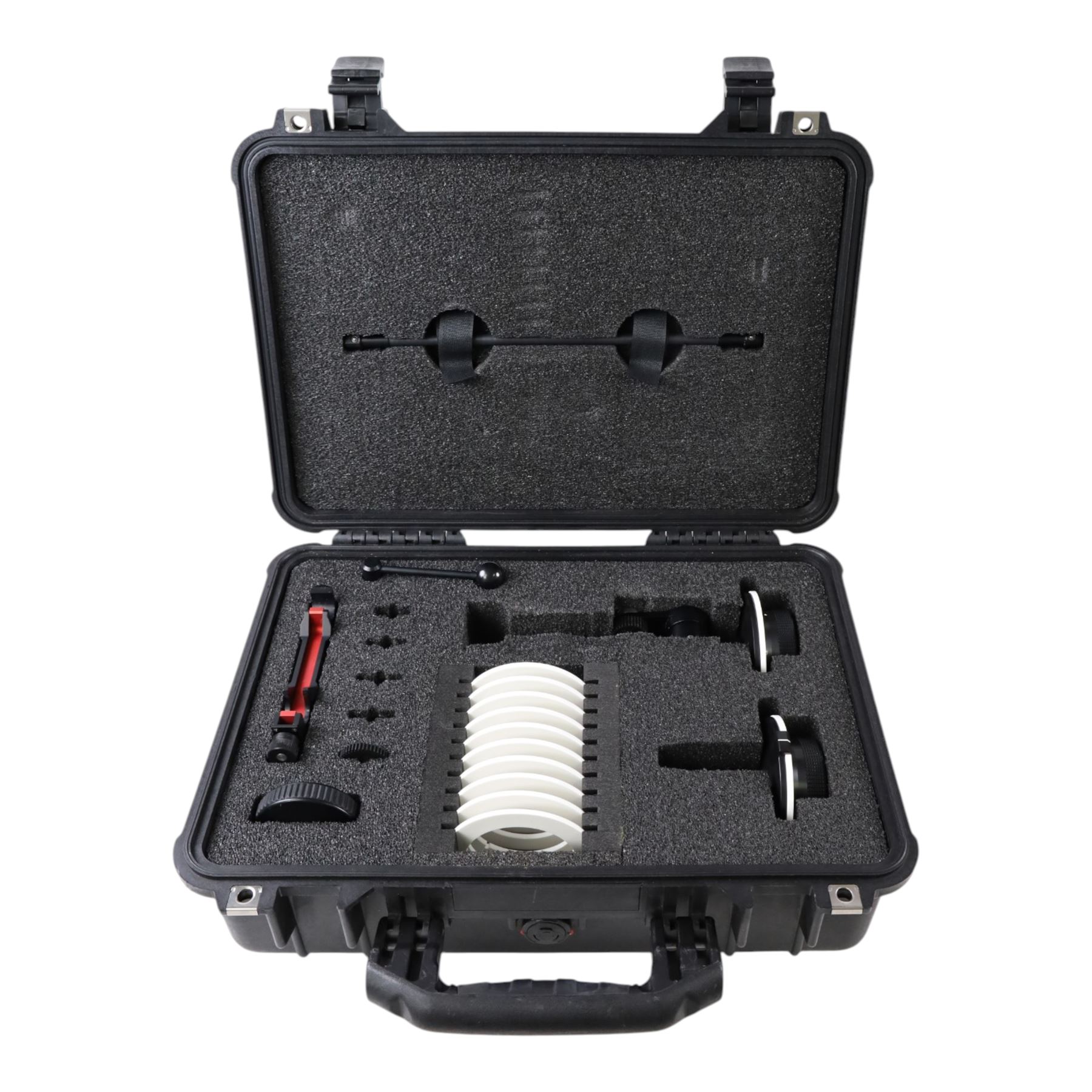 Arri FF5 Follow Focus Kit, comprising follow focus adapters for 19mm and 15mm rods, left side and right sides knobs, twelve marking discs, short whip with knob and toffee hammer, contained within a Peli 1500 case